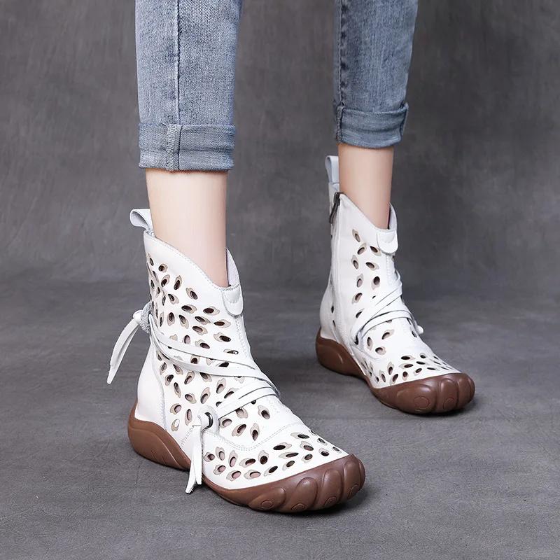 Fashion 3CM Handmade Women Boots Summer Shoes Genuine Cow Leather Breathable Hollow Retro Ethnic Flat Side Zipper Gladiator Boots Women