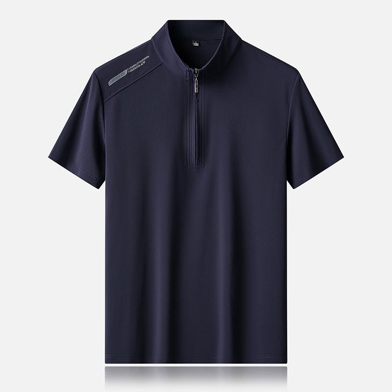 

Футболка мужская с короткими рукавами из шелка Ice Silk с воротником-стойкой и молнией до середины груди, летняя тонкая дышащая, классная спортивная повседневная рубашка-поло с короткими рукавами L темно-синий