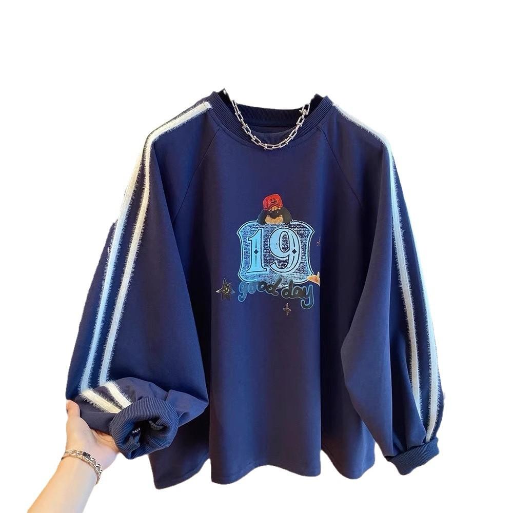 Korean Cartoon Letter Print Loose Large Version Plus Velvet Sweatshirt Women Autumn Sports Long-sleeved T-shirt Trendy