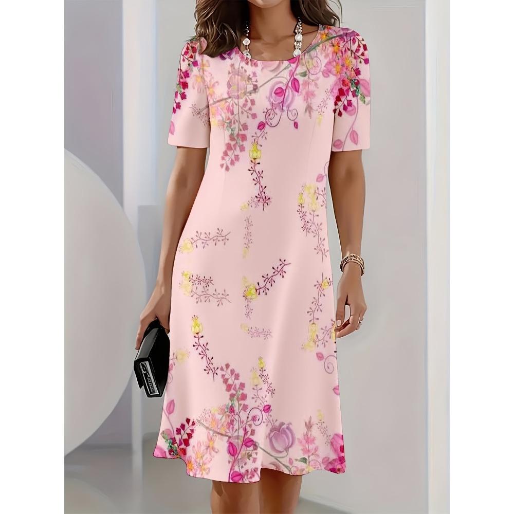 Summer Women’s Fashion Elegant Dress Flower 3D Printed Dress Loose Breathable Soft Plus-size Casual Vacation Crew Neck Short-sleeve Dress