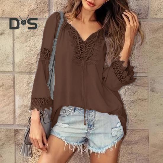 Women Tops V-Neck Embroidery Lace Trim Lace-up Long Sleeve Pullover Tops Solid Color Loose Fit Casual Style Shirt