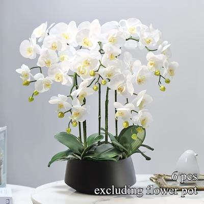 6 ks Realistické umělé stonky orchidejí - Živé orchideje motýlí s zářivě zelenými listy, žlutými květy a elegantní keramikou, Ideální pro domov