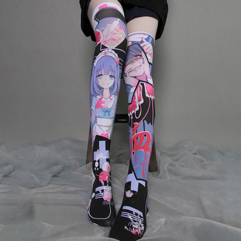 Japanese Two-dimensional Animation Women Stockings 3D Printing  Personality Creative Thigh High Socks Kawaii Sexy Party Stocking