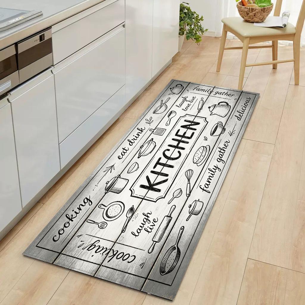 Grey Wood Sketch Kitchenware Mat Non Slip Waterproof Runner Rug Easy Clean Farmhouse Kitchen Floor Carpet