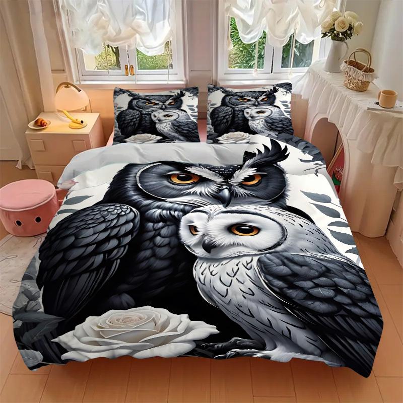 3pcs Owl Art Print Duvet Cover Set - Machine Washable, Includes 1 Cover and 2 Pillowcases, No Core Included yy251013124