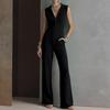 Women's Sleeveless Wide Leg Jumpsuit with Lapel Collar and Front Zipper Pockets