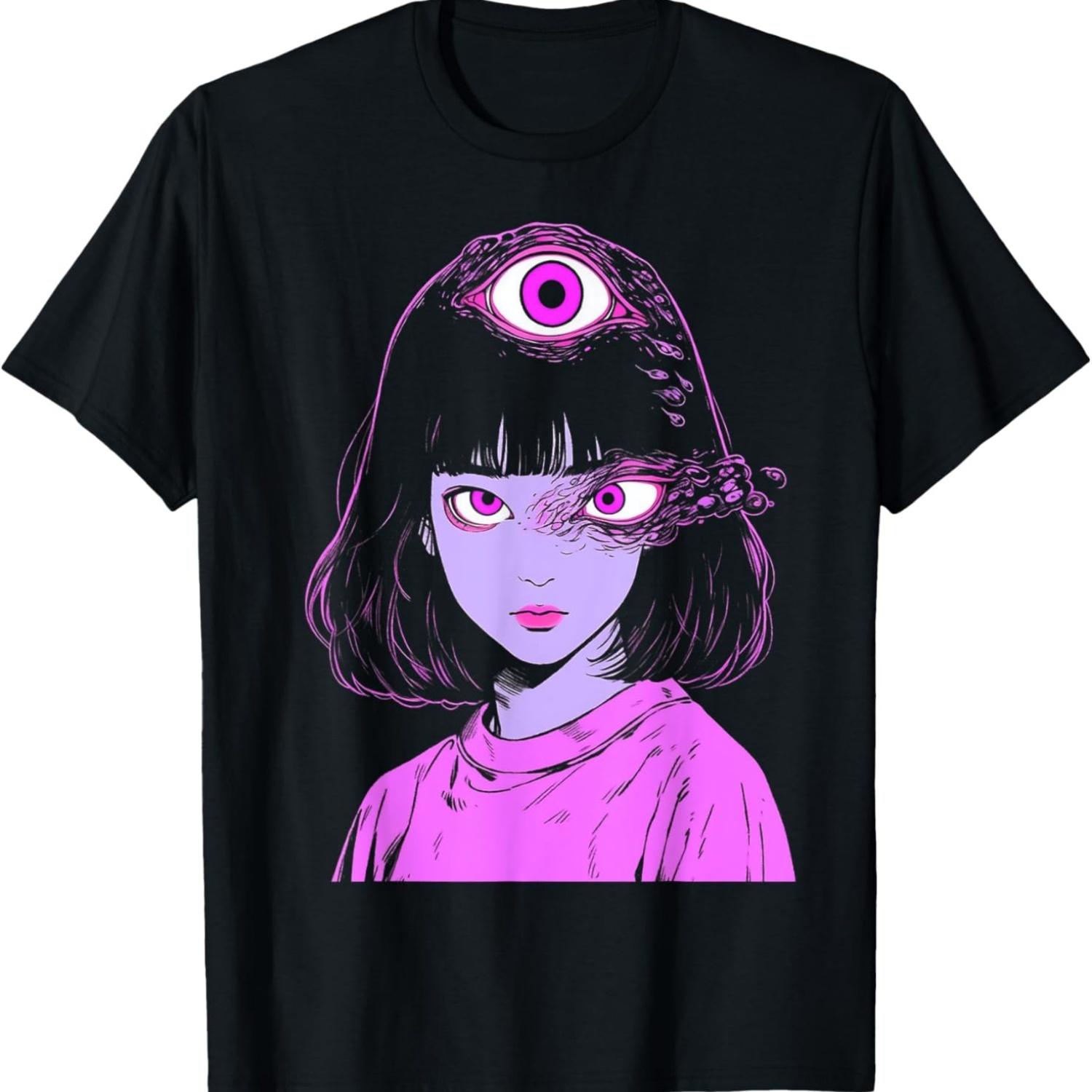 Japanese Anime Manga Weirdcore Cyberpunk Horror Aesthetic T-Shirt(1) S чёрный