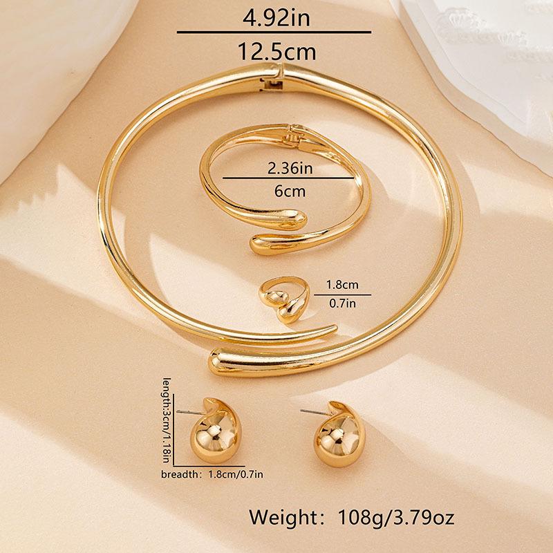 European and American Trend Water Drop Design Collar Bracelet Stud Earrings Ring Set Retro Simple and Elegant Jewelry