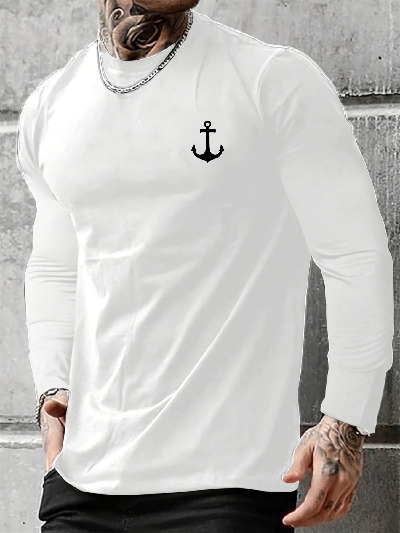 Chaokebang 100% Puur Katoen Bootanker Print Heren Lange Mouwen Ronde Hals Los Casual Veelzijdig T-shirt Top 2XL
