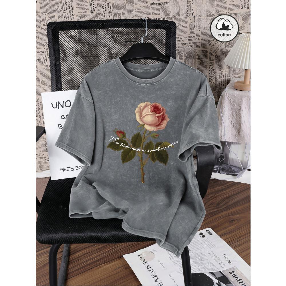 The Timeworn Scarlet Roses Print Women Washed T-Shirt Casual Comfortable T Shirts Cotton Summer Clothes Loose Short Sleeve