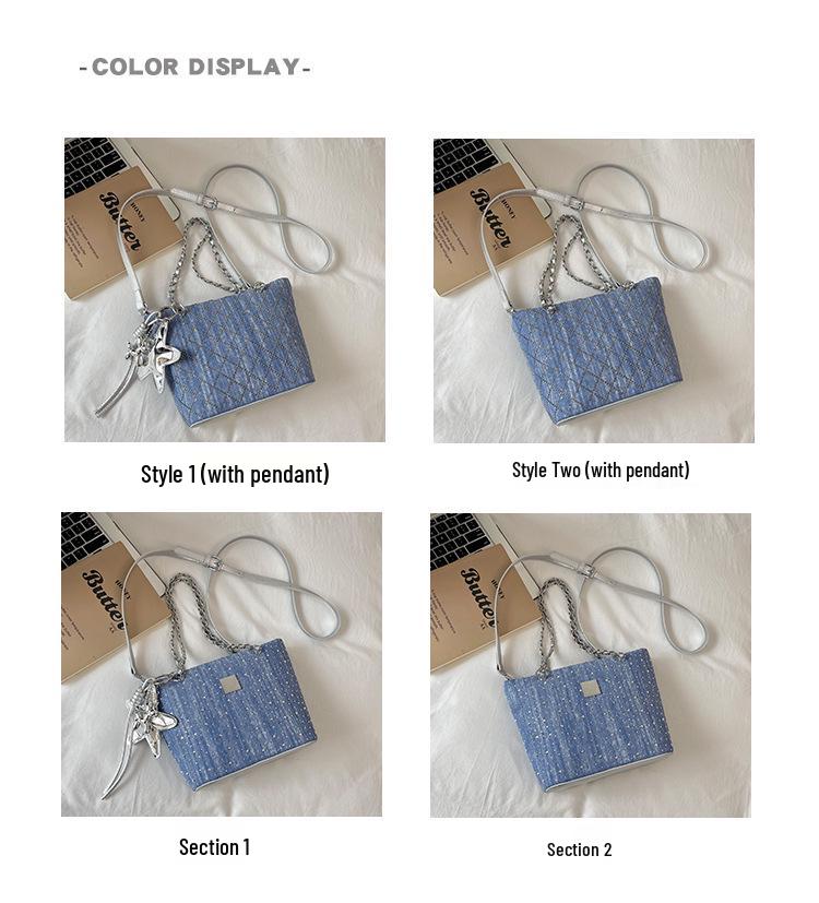 Geantă Dama Trendy din Denim tip Bucket - Elegantă Single-Shoulder Crossbody cu Detalii Strass