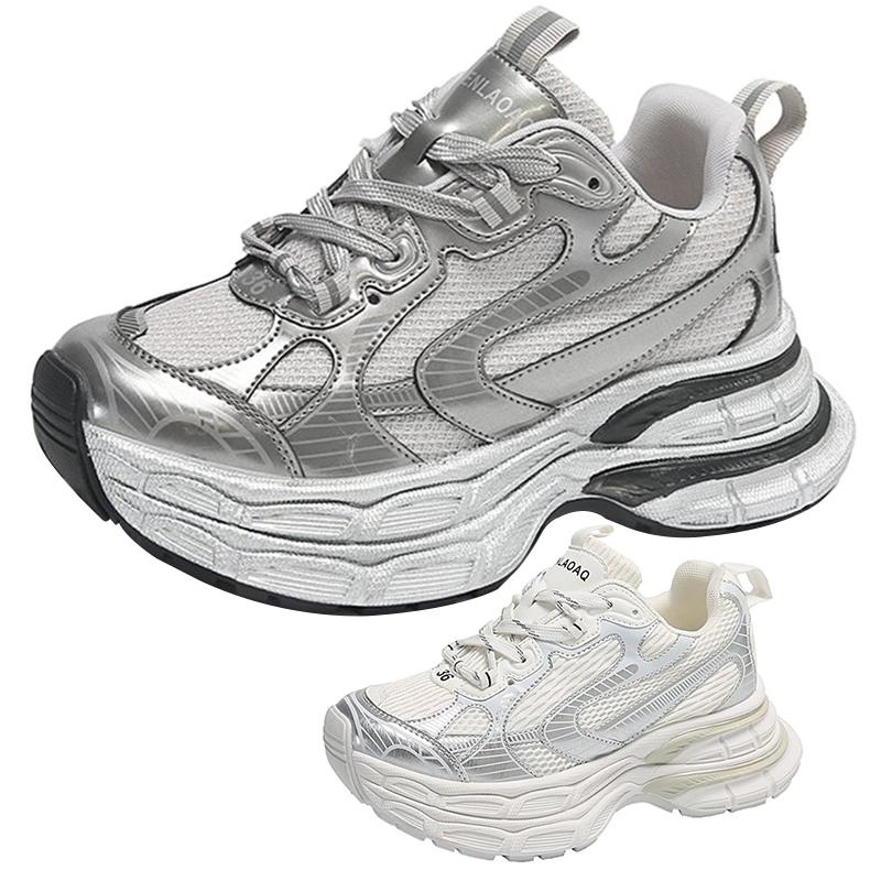 Women's Chunky Sneakers White Luxary Ladies Running Casual Sneakers Fashion Light Sports Fitness Mesh Shoes Mid Heel Pumps