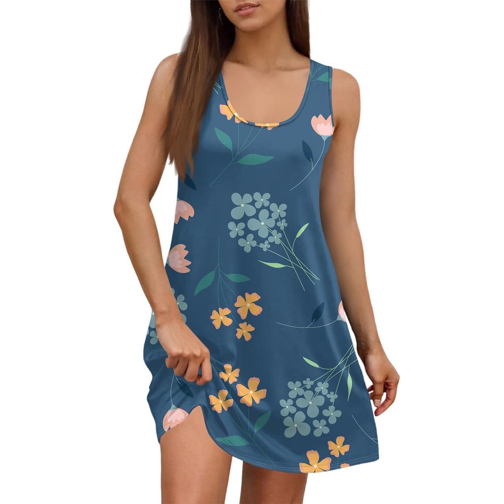Robe d'été décontractée à imprimé floral et col carré pour femme, sans manches, avec poches