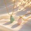 Pink Crystal Water Drop Pendant Necklace for Women, Stainless Steel Natural Green Stone Necklace, Vintage Fashion Jewelry Gift