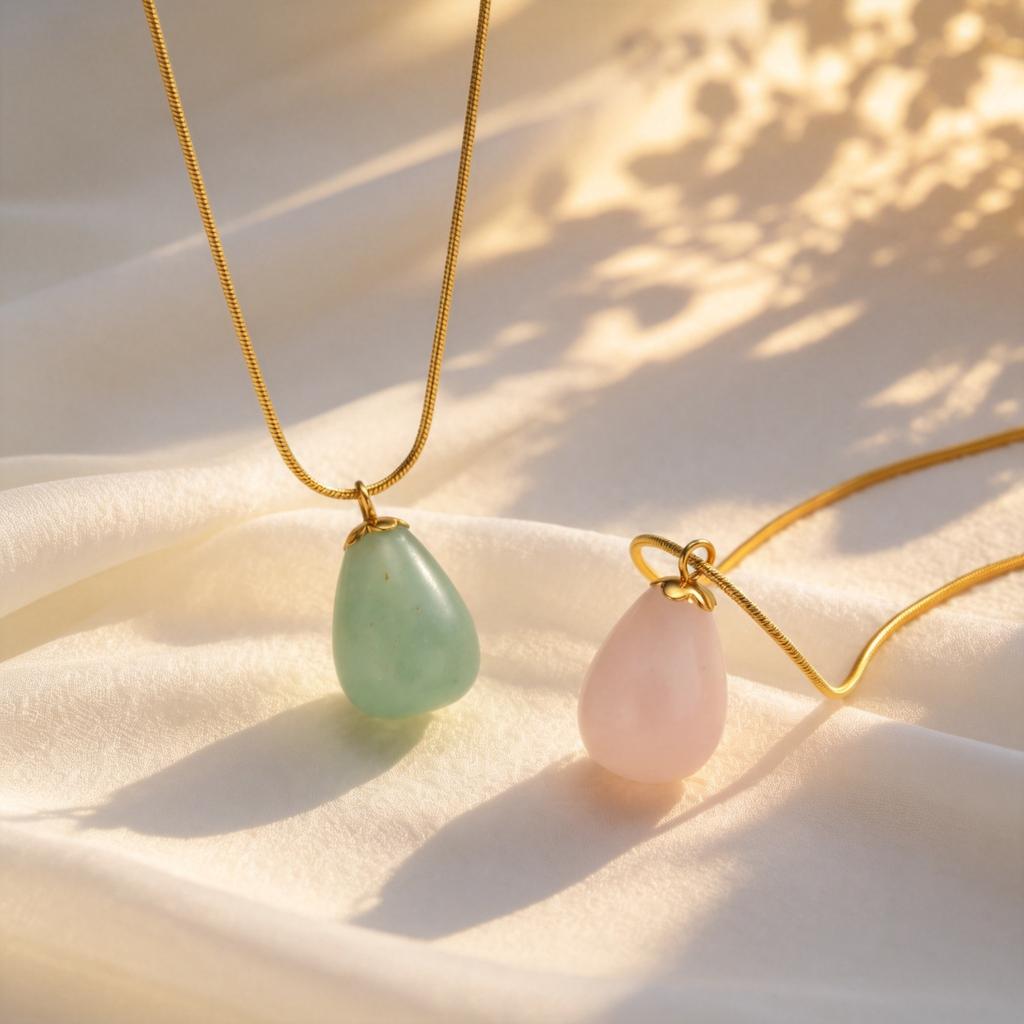 Pink Crystal Water Drop Pendant Necklace for Women, Stainless Steel Natural Green Stone Necklace, Vintage Fashion Jewelry Gift