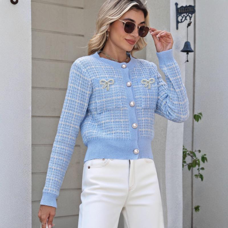 

Women s Plaid Knitted Cardigan Feminine Coat Bright Brick Bow Pearl Button Fashion Sweater S синий