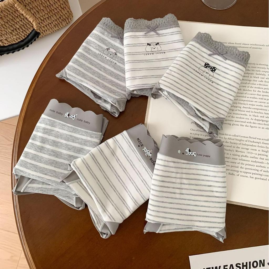 A053 Women's Soft Gray & White Striped Triangle Briefs - Skin-Friendly, Hip-Wrapping, Pure Cotton, Antibacterial Style for Teens, 2025 Collection.