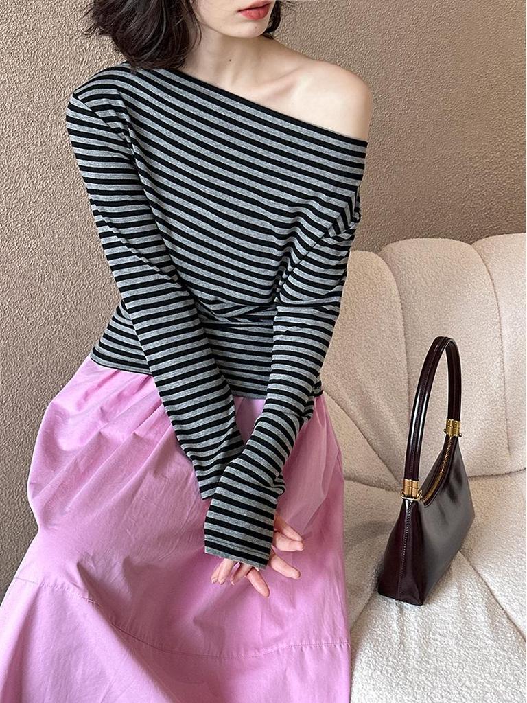 Juzhi Spring Retro Striped Off-Shoulder Slim Fit Long Sleeve T-shirt