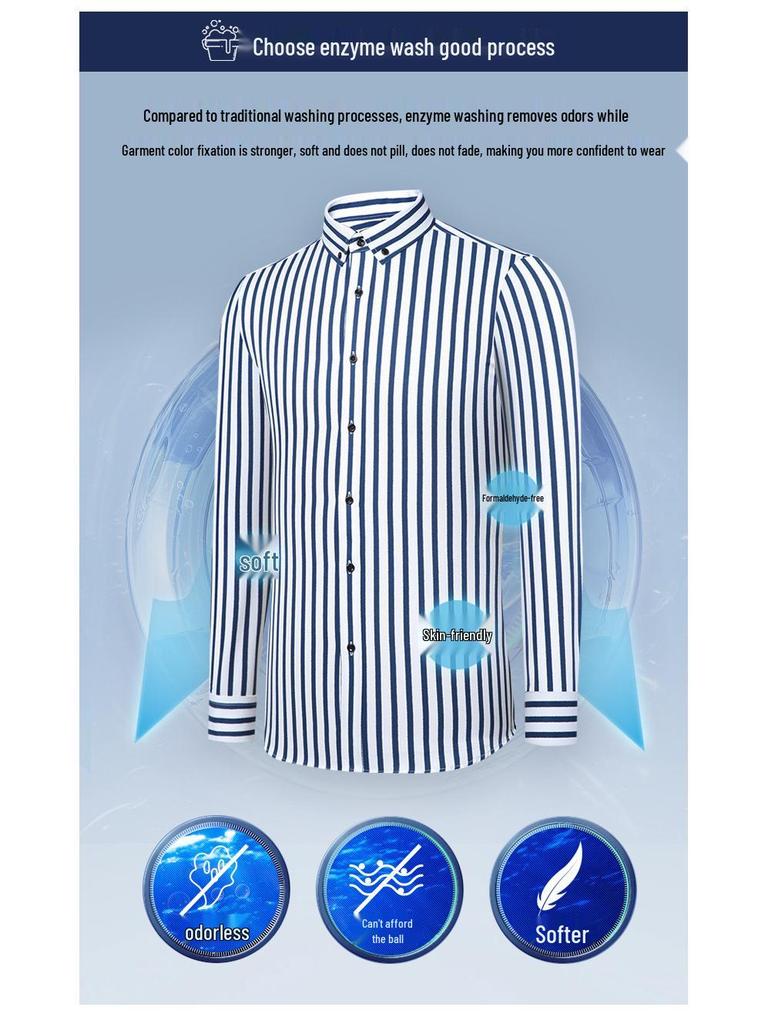 Men's Spring Easy-Care Striped Long Sleeve Stretch Slim Fit Shirt - Iron-Free Business Wear