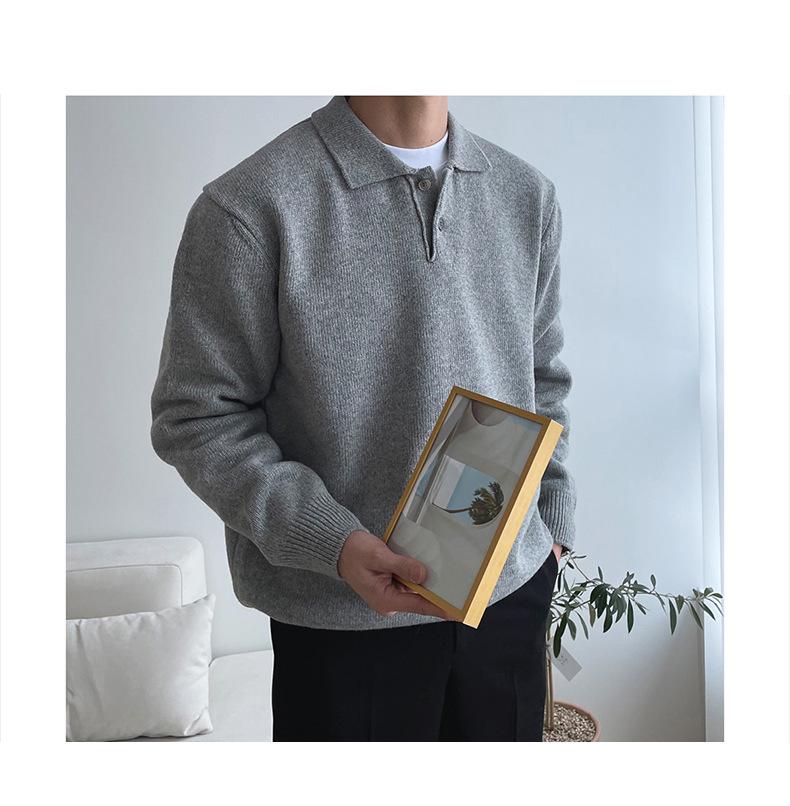 Men's Loose Knit Polo Sweater - Casual Korean Style, Solid Color, Hong Kong-inspired Pullover