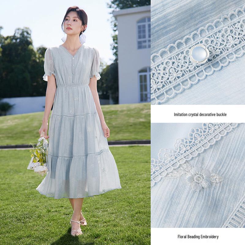 Xiangying Women's V-Neck Lyocell Tencel A-Line Midi Dress