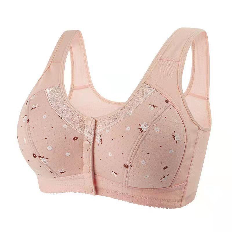 Women's Underwear Without Steel Ring Bra, Front Buckle Lace Border Printed Vest Bra