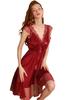 Babydoll Dot Deep Tulle Sexy Popular Atmosphere Texture Cute Soft Back Lace Nightgown Loungewear [Yayamama] V-neck Satin-like (Red - B, M)