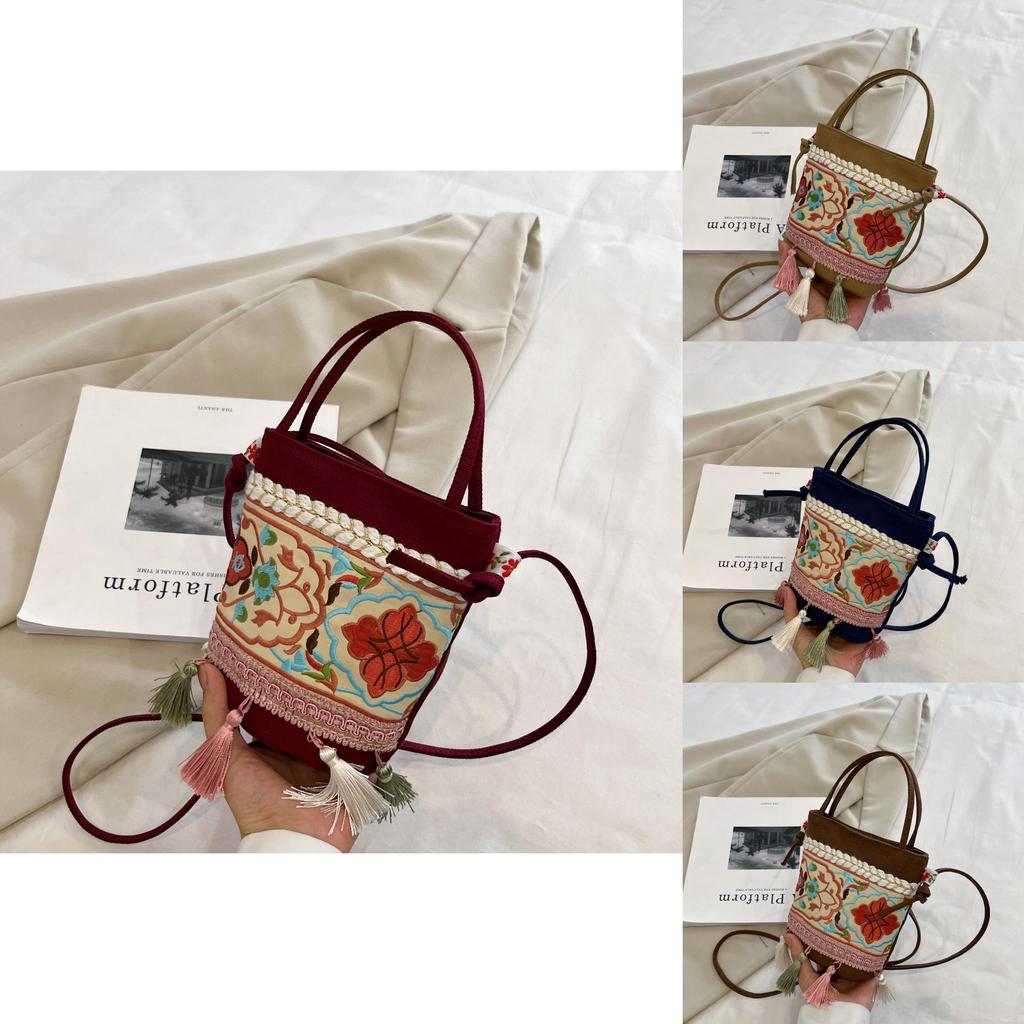 Vintage Water Bucket Bag With Tassel Embroidery For Daily Use In Art Style