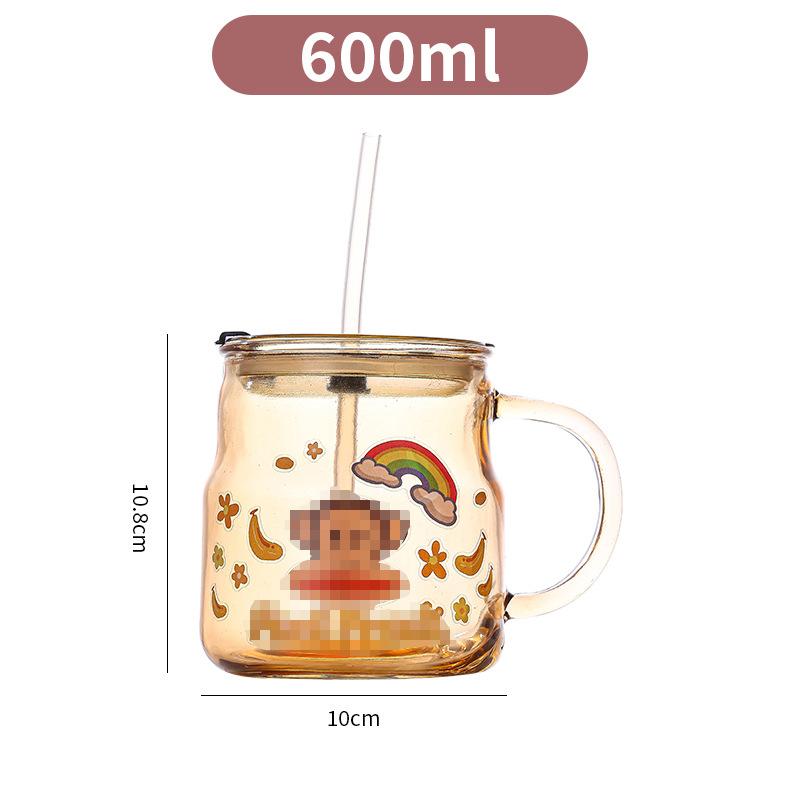 

Cartoon Glass Straw Cup with Lid Handle Cup, Office Large Capacity Water Cup, Creative Sticker, Cute Coffee Cup About 600ml