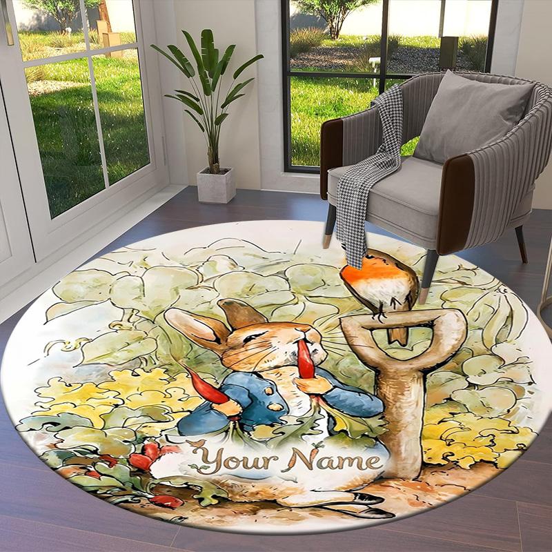 Easter Bunny Picnic Custom Name Round Area Rug Carpet Rug For Living Room Bedroom Sofa Playroom Decor Nonslip Floor Mat