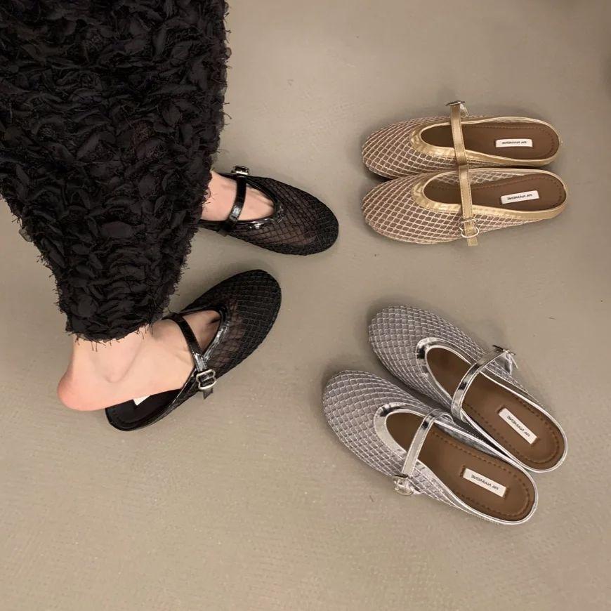 Fashion Bailamos Fashionable Mesh Women's Slipper Ballet Mary Jane Shoes Summer Walking Shoes Round Toe Buckle Flats Mujer