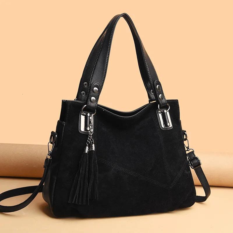 High Quality Women's Soft Suede Surface Leather Shoulder Crossbody Bag 2026 Tassel Handbag Large Capacity Ladies Tote Bag