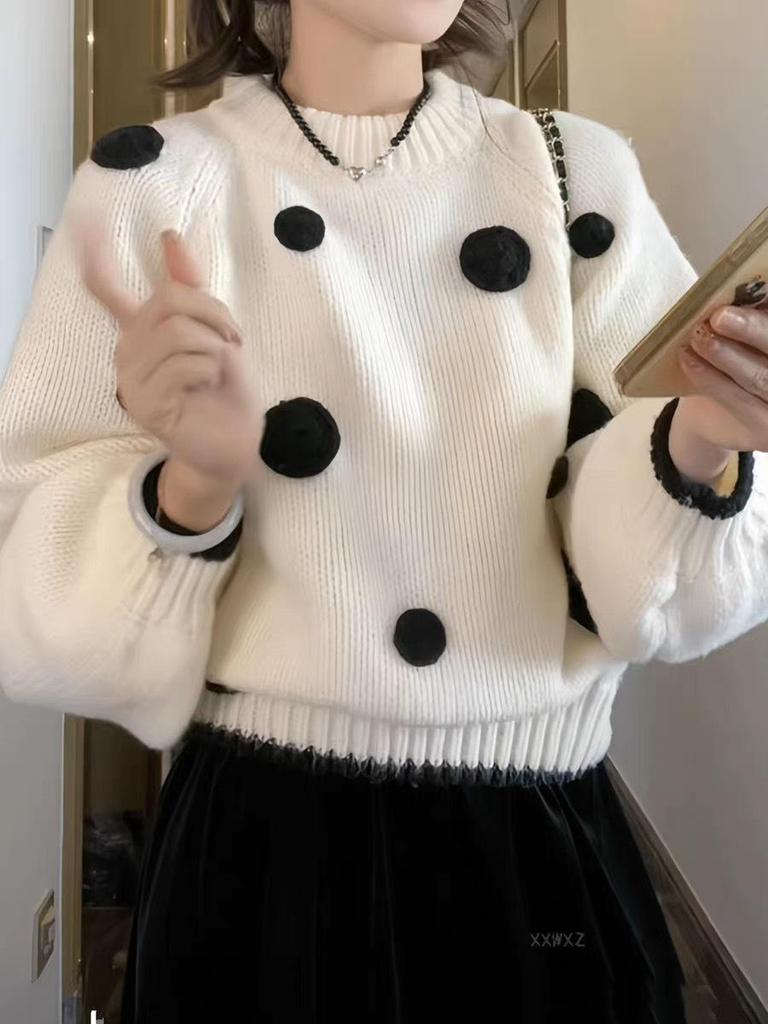 Women's Retro Polka Dot Fluffy Knit Sweater with Stand-Up Collar - Slimming Autumn/Winter Top