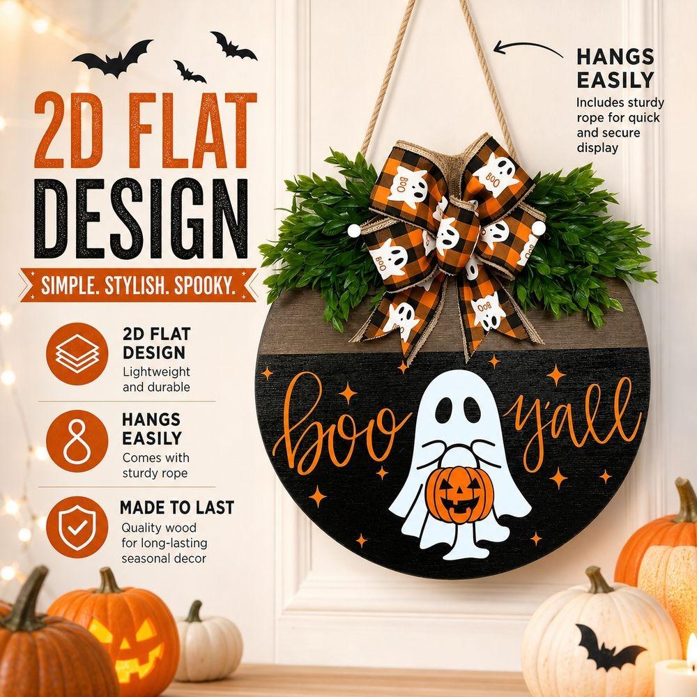 2D Flat Wooden Hanging Door Sign Ghost Round Doorplate Halloween Festival Decoration