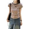 Women's Summer Retro Chic Striped Color-Block Slim-Fit T-Shirt with Short Sleeves