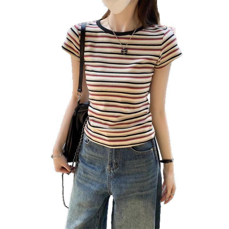 Women's Summer Retro Chic Striped Color-Block Slim-Fit T-Shirt with Short Sleeves