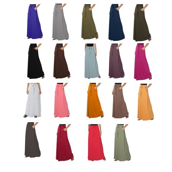 Women Maxi Skirt Adjustable Drawstring High-Waisted Solid Color Long Skirt with Pockets Casual Work Skirt