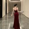 New Elegant and Sexy Velvet One-shoulder Evening Gown with Padded Cups Rhinestone Decoration High Slit Cut Out Mermaid Style Formal Party Long Dress