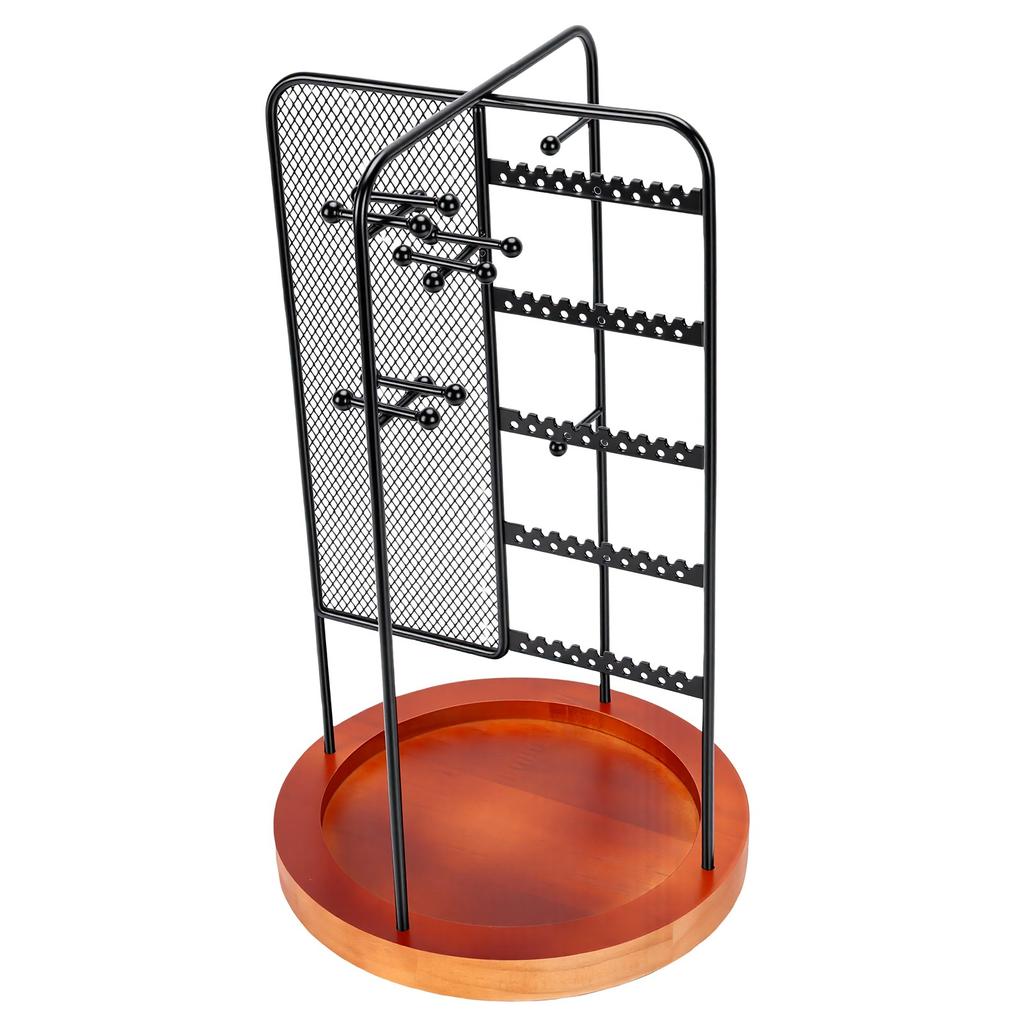 Rotating Jewelry Stand Iron Pine Wood Base Earring Display Holder for Necklace Bracelet Watch Black