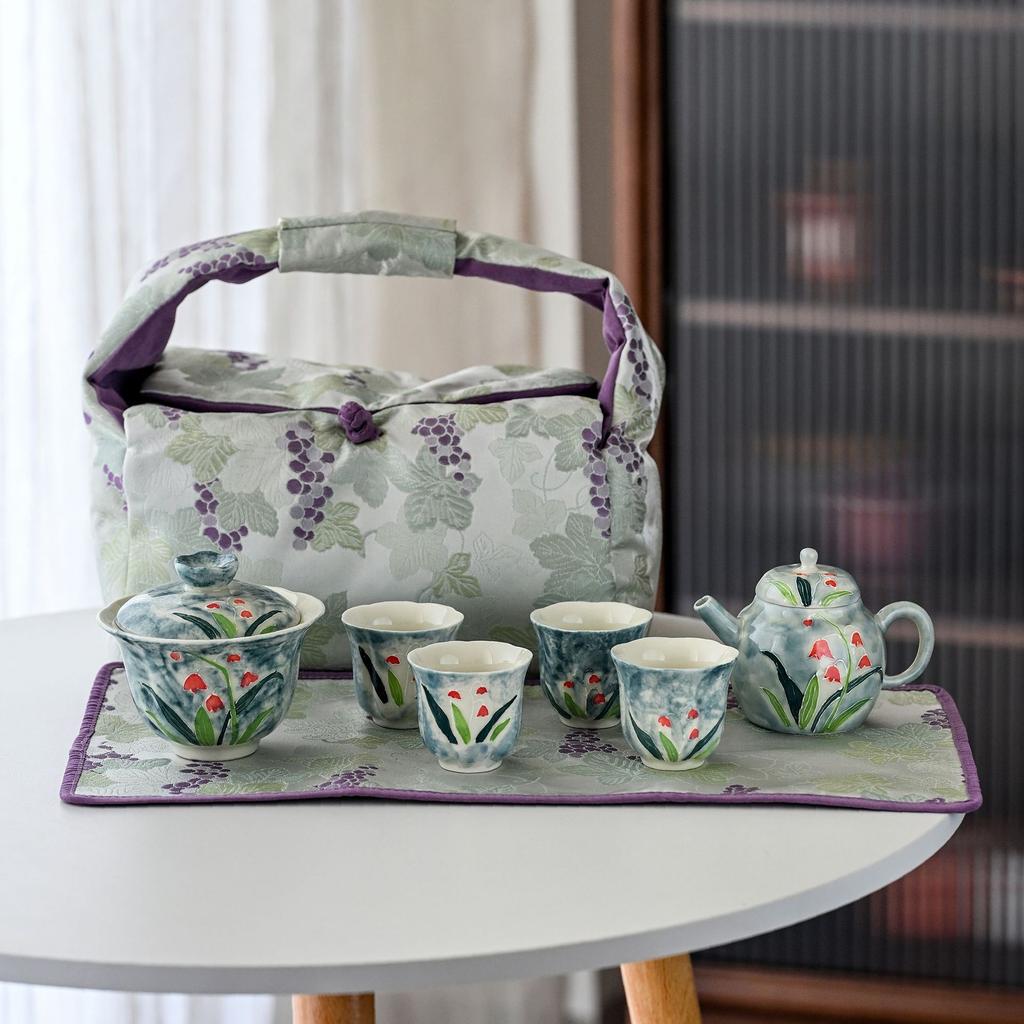 Guochao Hand-Painted Orchid Cover Bowl Two Cup Set Portable Cloth Bag Outdoor Tea Drinking High Value Light Luxury Travel Tea Set