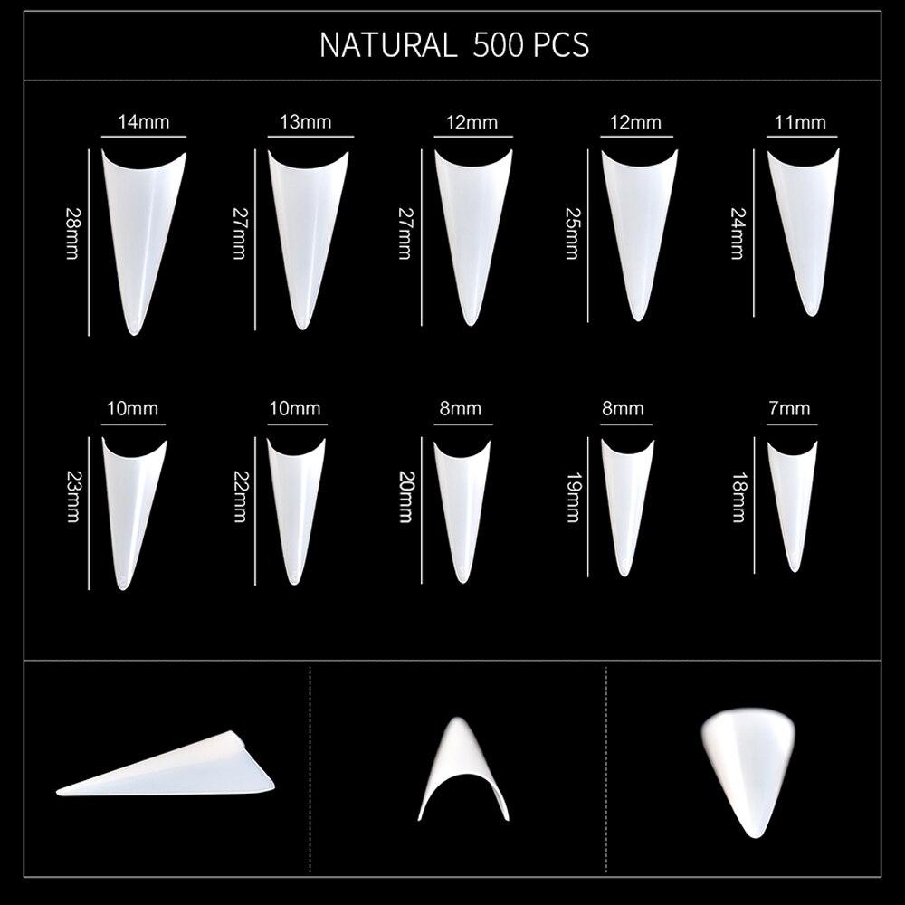 kads Špičaté poloviční krycí špičky na nehty Nail Art White Nature Clear 500ks 10 velikostí Nástroje na prodloužení manikúry na falešné nehty