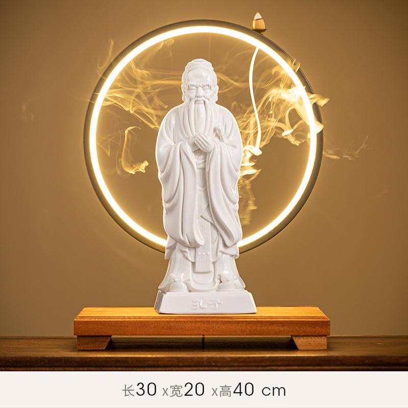 Chinesisches Feng Shui zeigt eine Statue von Laozi und Konfuzius, eine Skulptur aus weißem Porzellan, eine Schreibtischdekoration, eine Statue von Co