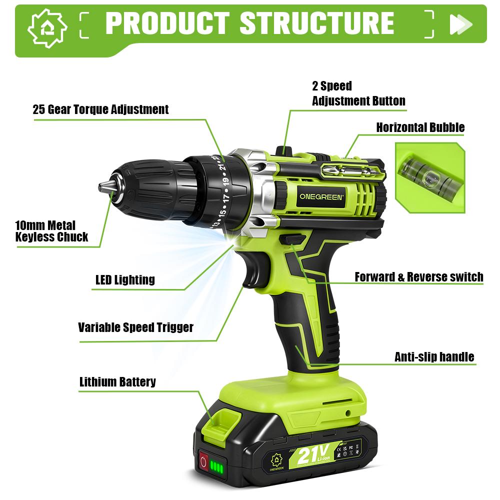 ONEGREEN Trapano Avvitatore a Percussione Elettrico 25+3 Coppia 2 Velocità Regolabile Avvitatore Elettrico Senza Fili Utensile Elettrico Per Batteria Makita 21V Pin