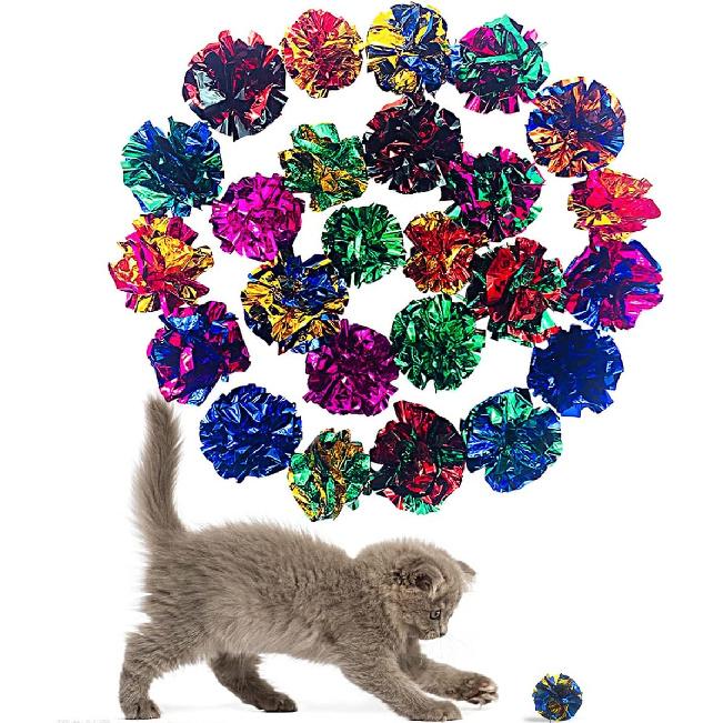 PET SHOW 20 Pcs Cat Crinkle Toy Ball 2.5inch Mylar Cat Pounce Chase Toys Colorful Paper Ball Chase Training Activity for Cats Kittens