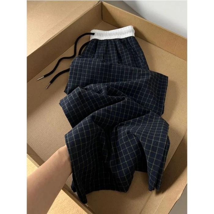 

American retro fake two-piece plaid casual pants for women s summer thin loose drape straight wide-leg pants for women S чёрный