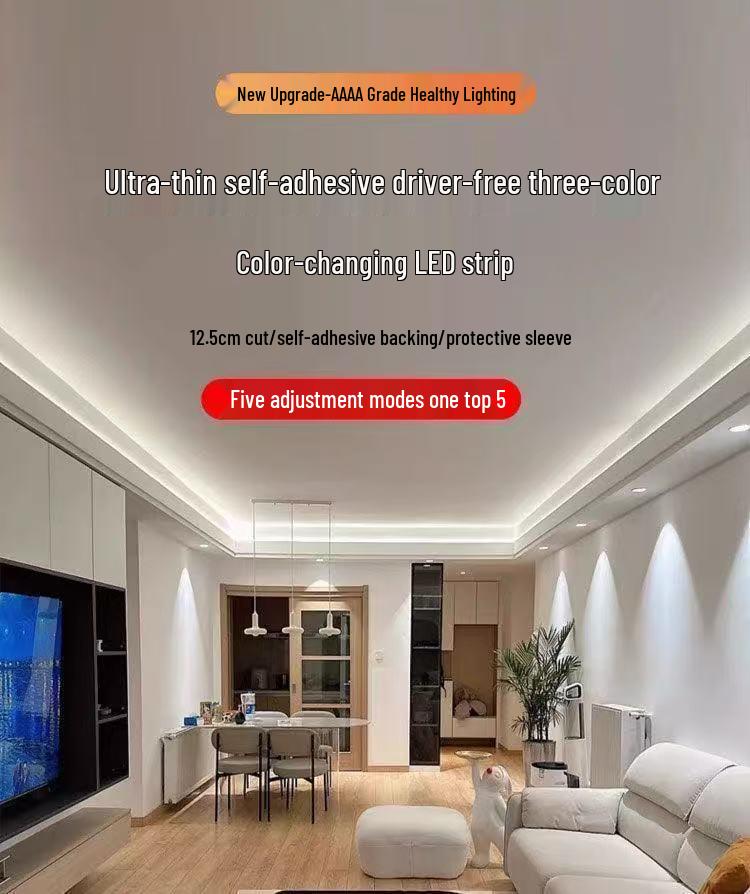 220V Three-Color Dimmable Self-Adhesive LED Linear Light Strip for Ceilings