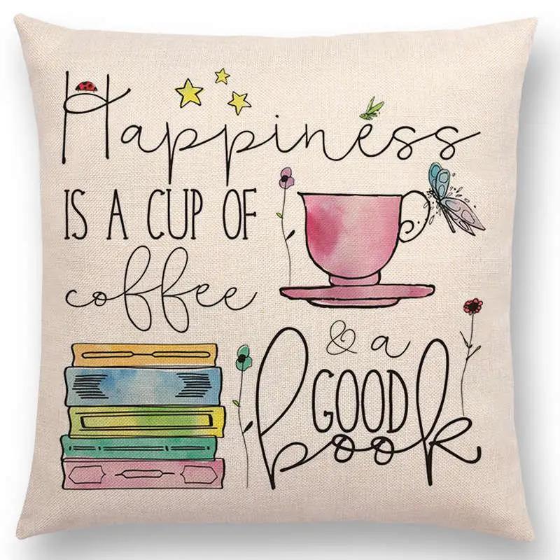 Tea Reading Books Pillow Case Home Decor Linen/cotton Cushion Cover Designer Pillow Cover for Sofa Bedroom Housse De Coussin