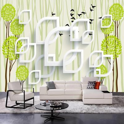 3D Mural Modern Abstract Style Wallpaper Green Trees and Birds Geometric Mural Living Room Tv Background Wall Home Decoration