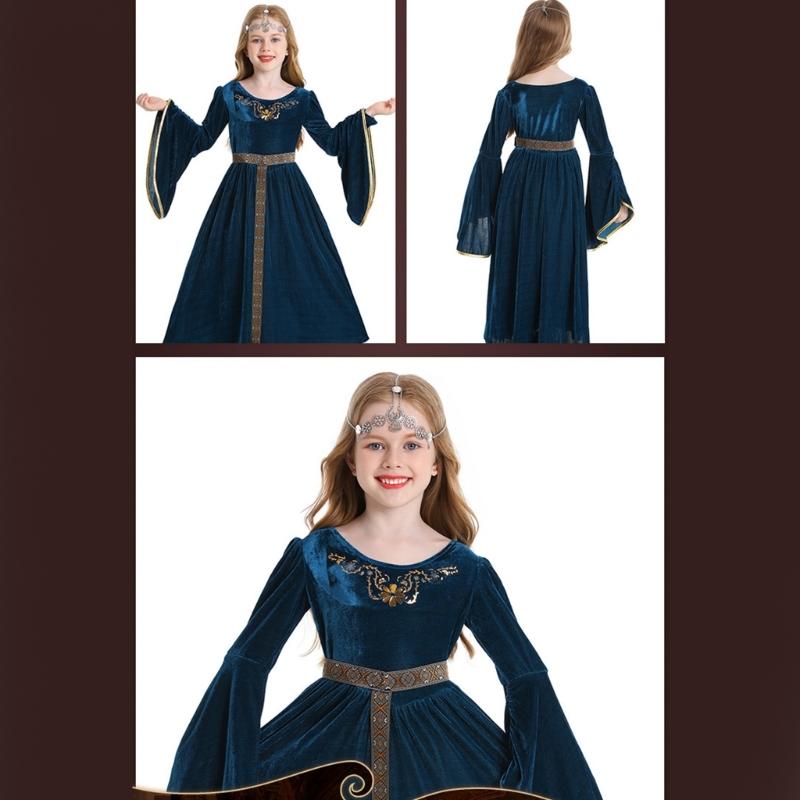 Robe médiévale pour enfant avec coiffe, Vêtements médiévaux pour enfants à manches trompette, Costume Cosplay Halloween pour Fille