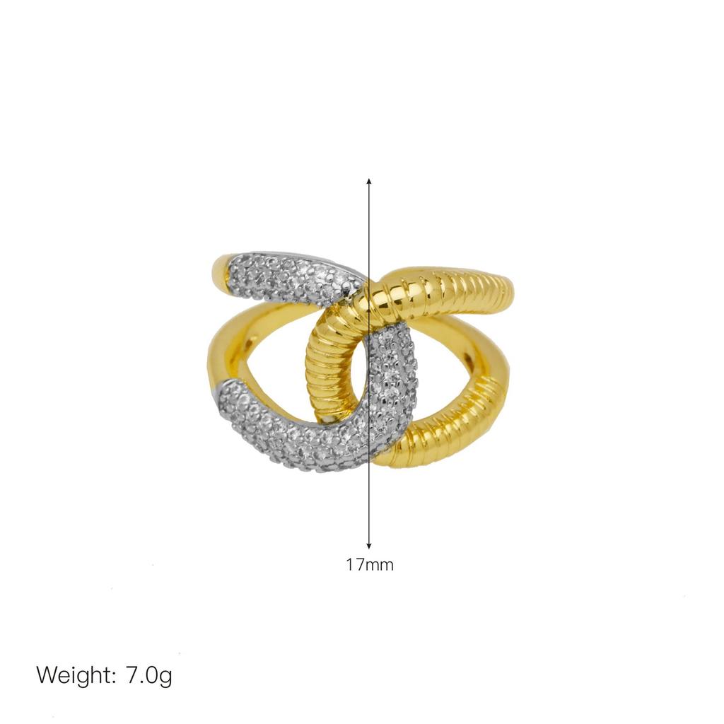 Stripe X-Shaped Open Ring Women'S Copper Gold-Plated Zirconium Two-Color Ring